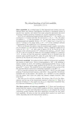 The rational homology of real toric manifolds  Alexander I. Suciu Toric manifolds. In a seminal