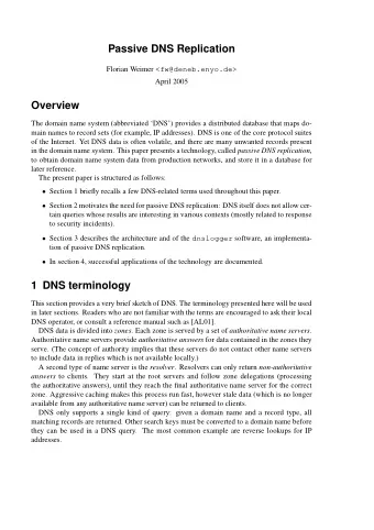 Passive DNS Replication Florian Weimer &lt;fw@deneb.enyo.de&gt;  April 2005  Overview  The domain