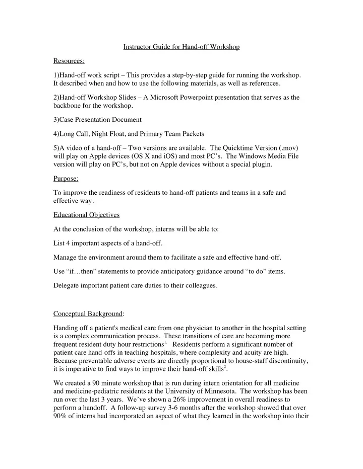 instructor guide for hand off workshop resources 1 hand