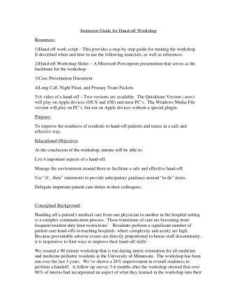 Instructor Guide for Hand-off Workshop  Resources:  1)Hand-off work script  This provides a