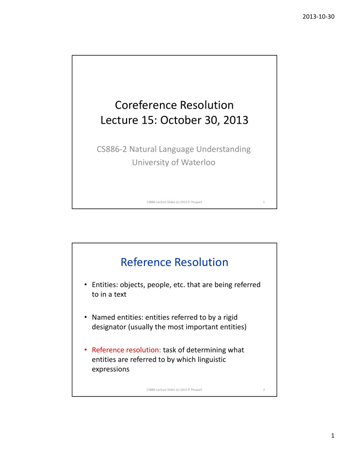 coreference resolution lecture 15 october 30 2013