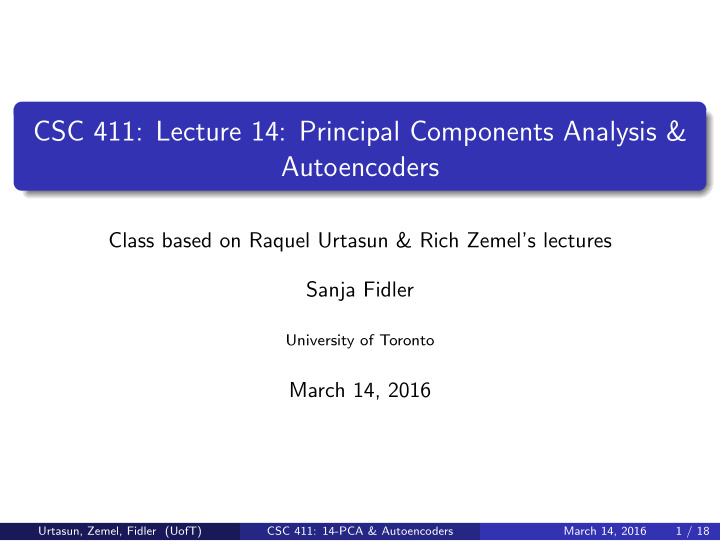csc 411 lecture 14 principal components analysis