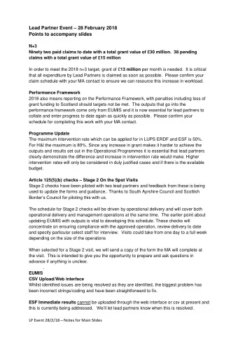 Lead Partner Event  28 February 2018  Points to accompany slides  N+3  Ninety two paid claims to