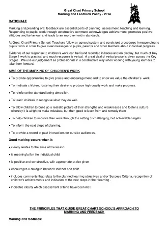 Great Chart Primary School  Marking and Feedback Policy - 2014  RATIONALE  Marking and providing