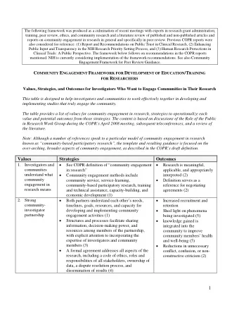 C OMMUNITY E NGAGEMENT F RAMEWORK FOR D EVELOPMENT OF E DUCATION /T RAINING FOR R ESEARCHERS