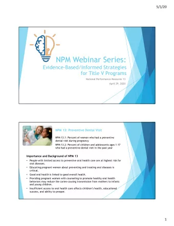 NPM Webinar Series:  Evidence-Based/Informed Strategies  for Title V Programs  National Performance