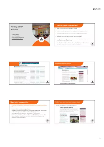 29/7/19  The rationale: why do this?  Writing a PhD  proposal  o  Needs to be a contribution to