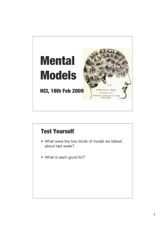 Mental  Models  HCI, 18th Feb 2009  Test Yourself   What were the two kinds of model we talked
