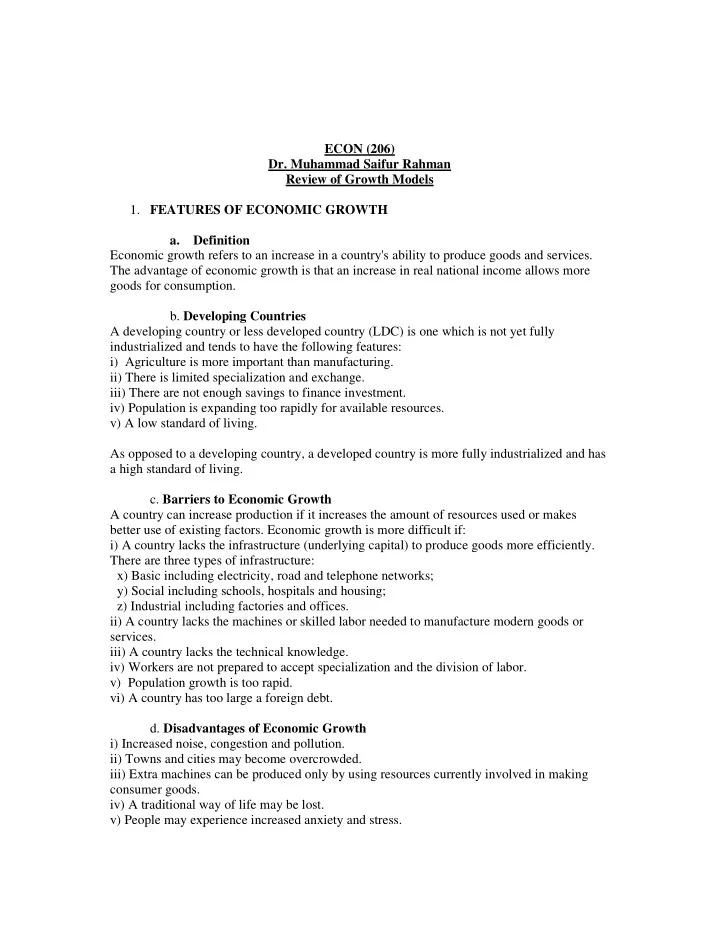 econ 206 dr muhammad saifur rahman review of growth