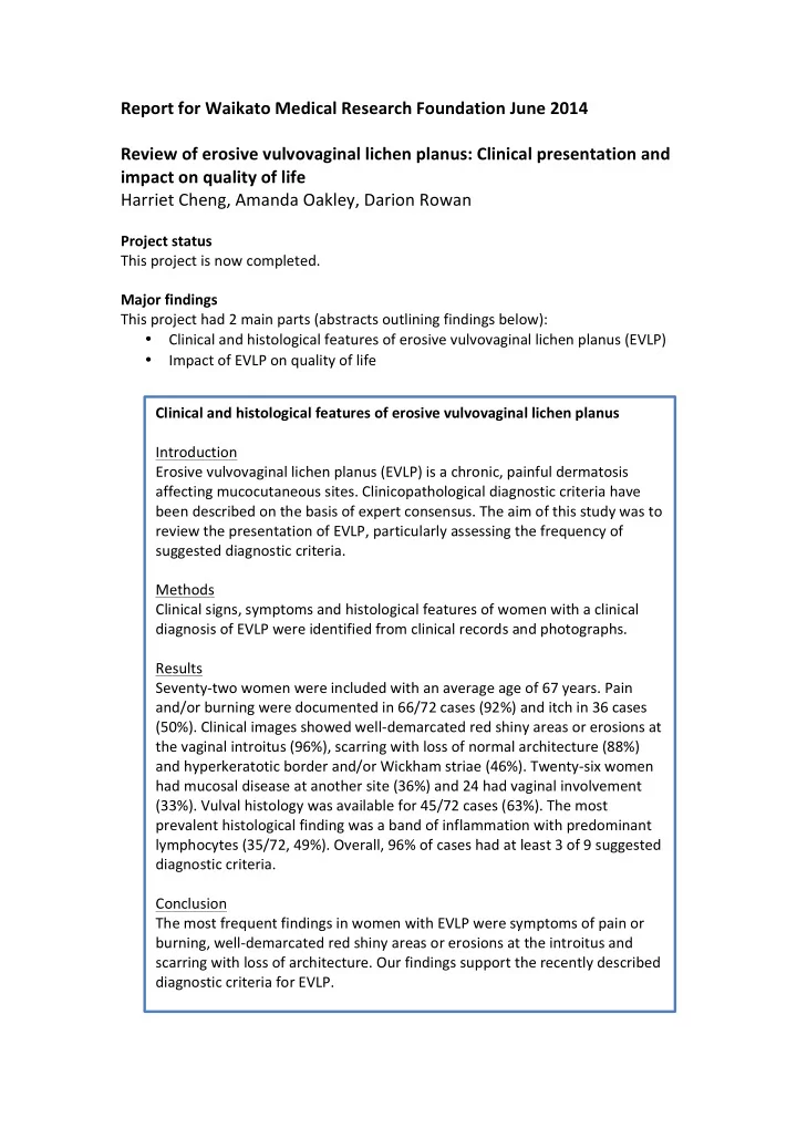 report for waikato medical research foundation june 2014