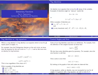 Trig Identities An identity is an equation that is true for all values of the variables.  Examples