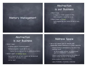 Abstraction  is our Business What I have A single (or a finite number) of CPUs  Memory Management