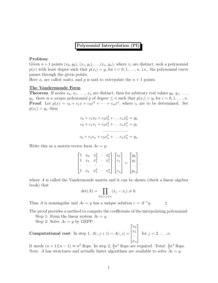 polynomial interpolation pi problem given n 1 points x 0
