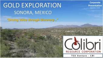GOLD EXPLORATION  Presentation  December 1 2019  SONORA, MEXICO  Driving Value through