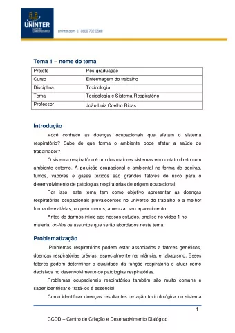 Tema 1  nome do tema  Projeto Ps-graduao  Curso  Enfermagem do trabalho  Disciplina