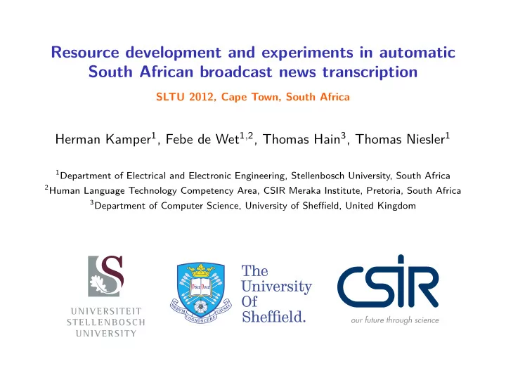 resource development and experiments in automatic south