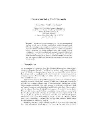 De-anonymizing D4D Datasets Kumar Sharad 1 and George Danezis 2 1 University of Cambridge Computer