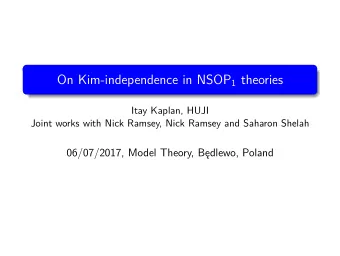 On Kim-independence in NSOP 1 theories  Itay Kaplan, HUJI  Joint works with Nick Ramsey, Nick