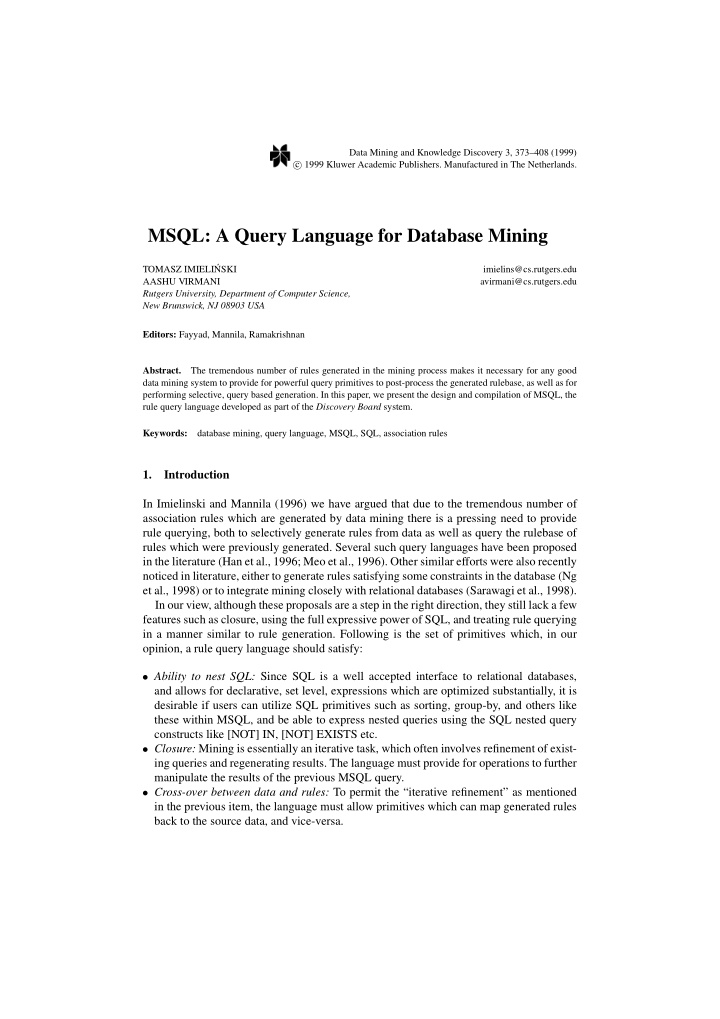 msql a query language for database mining