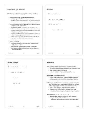 Polymorphic type inference  Example fun sum lst  =  ML infers types of functions (etc.)