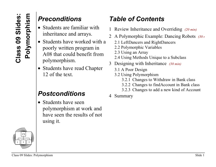 class 09 slides polymorphism preconditions table of