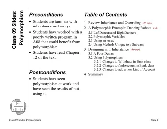Class 09 Slides:  Polymorphism  Preconditions  Table of Contents  Students are familiar with 1