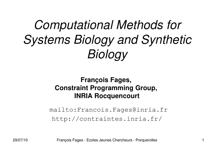 computational methods for systems biology and synthetic