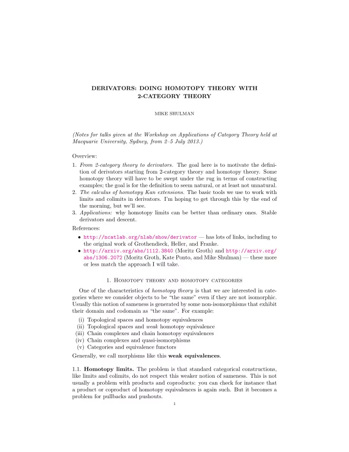 derivators doing homotopy theory with 2 category theory