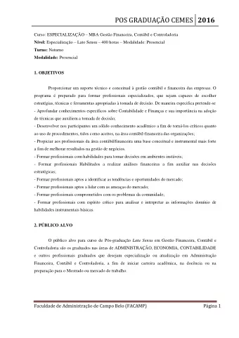 POS GRADUAO CEMES 2016 Curso: ESPECIALIZAO  MBA Gesto Financeira, Contbil e