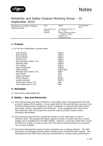 Notes Reliability and Safety Outputs Working Group  10  September 2010  Reliability and Safety