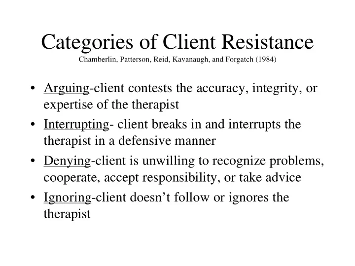 categories of client resistance