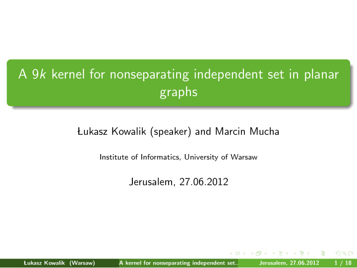 a 9 k kernel for nonseparating independent set in planar