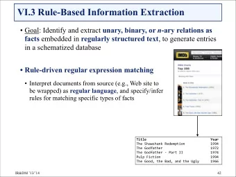 VI.3 Rule-Based Information Extraction  Goal: Identify and extract unary, binary, or n -ary