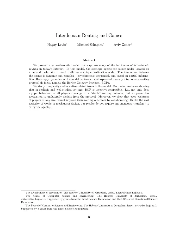 interdomain routing and games
