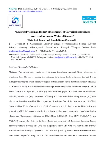 Mol2Net  Statistically optimized binary ethosomal gel of Carvedilol: allevialates hypertenstion