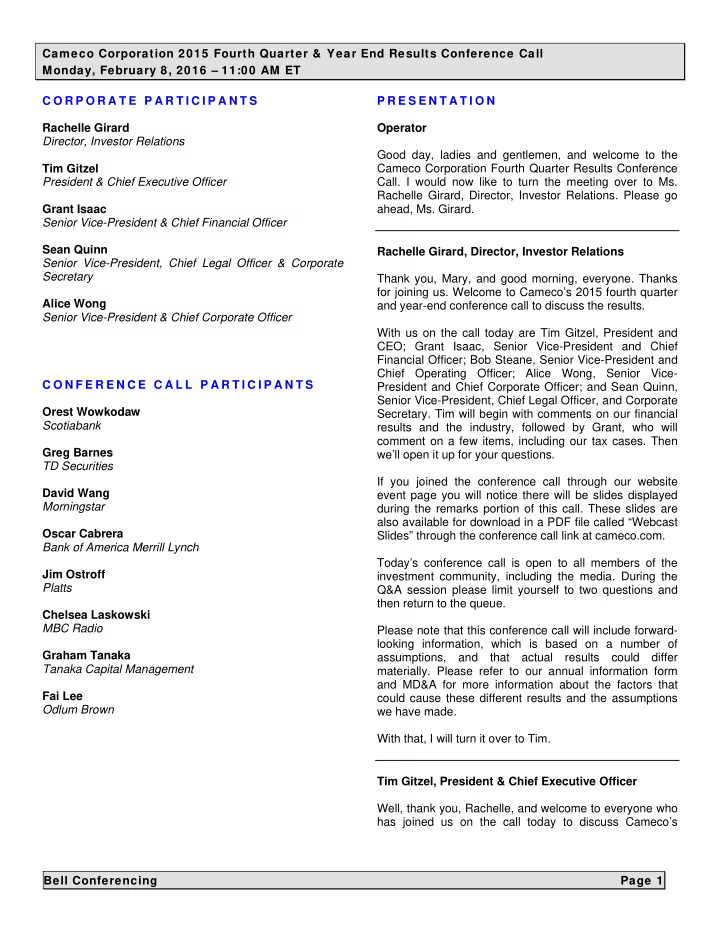 cameco corporation 2015 fourth quarter year end results