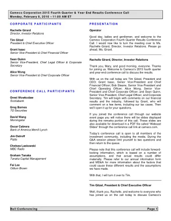 Cameco Corporation 2015 Fourth Quarter &amp;  Year End Results Conference Call  Monday, February 8,