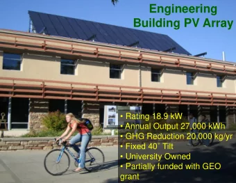 Building PV Array  Rating 18.9 kW  Annual Output 27,000 kWh  GHG Reduction 20,000 kg/yr