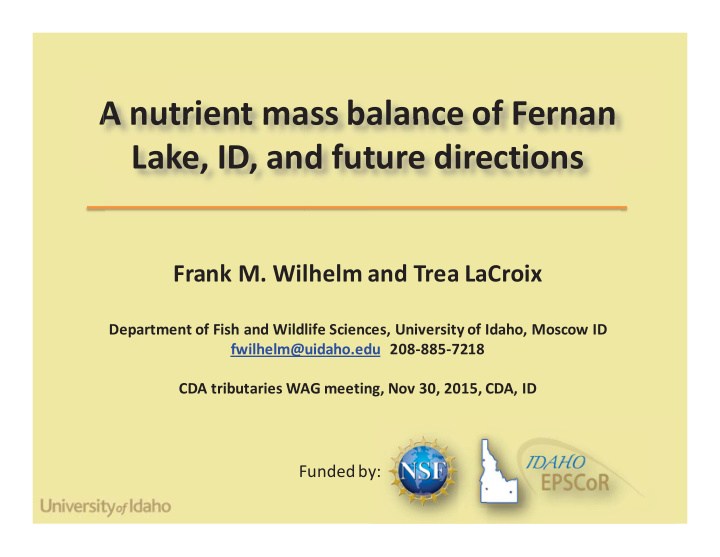 a nutrient mass balance of fernan lake id and future