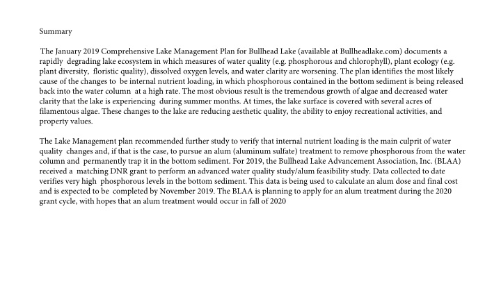 summary the january 2019 comprehensive lake management