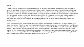 Summary  The January 2019 Comprehensive Lake Management Plan for Bullhead Lake (available at