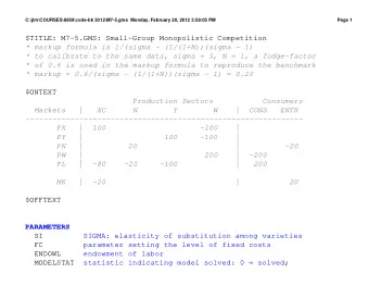 $TITLE: M7-5.GMS: Small-Group Monopolistic Competition  * markup formula is 1/(sigma -