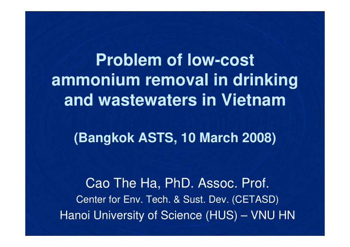 problem of low cost ammonium removal in drinking and