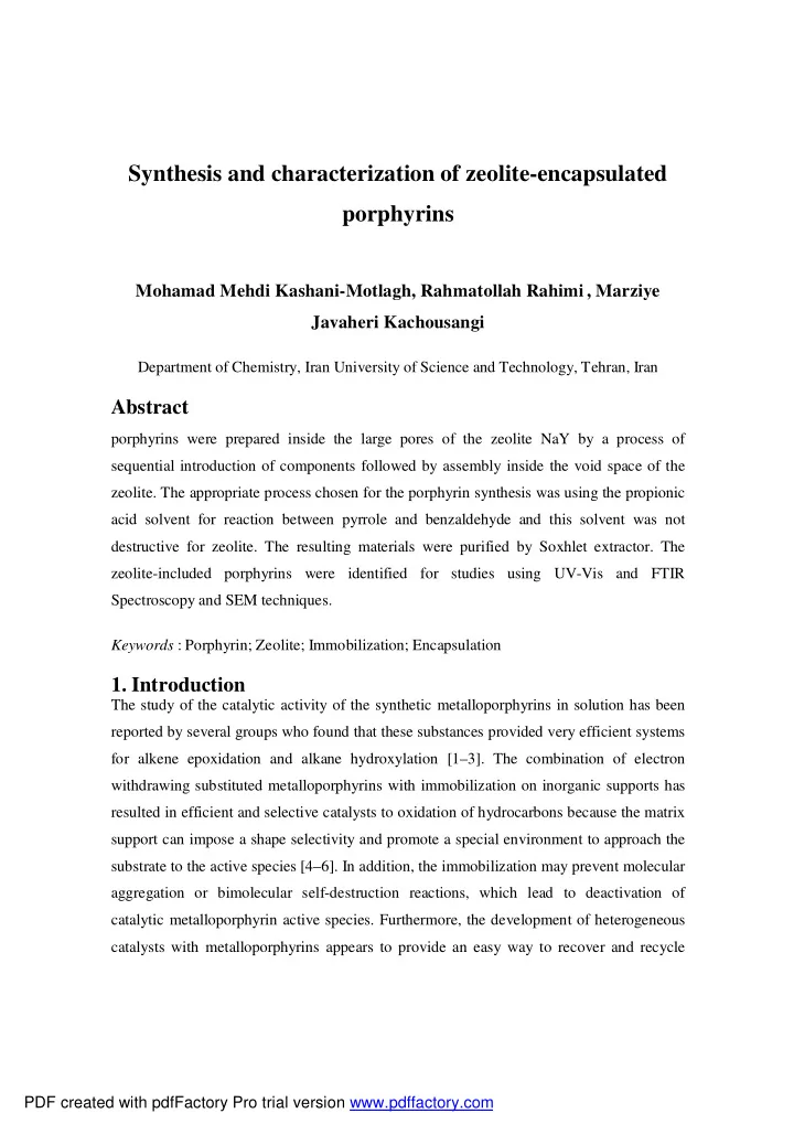 synthesis and characterization of zeolite encapsulated