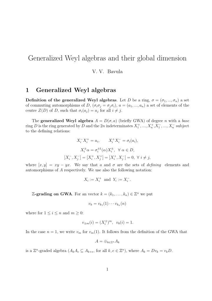 generalized weyl algebras and their global dimension