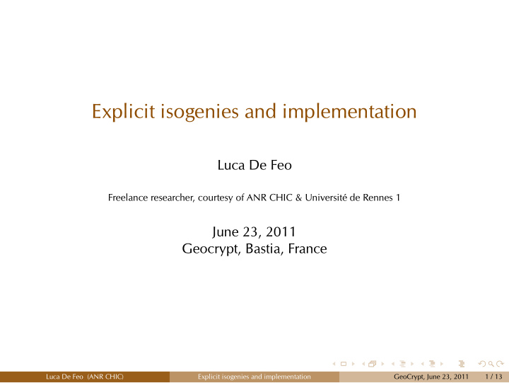 explicit isogenies and implementation