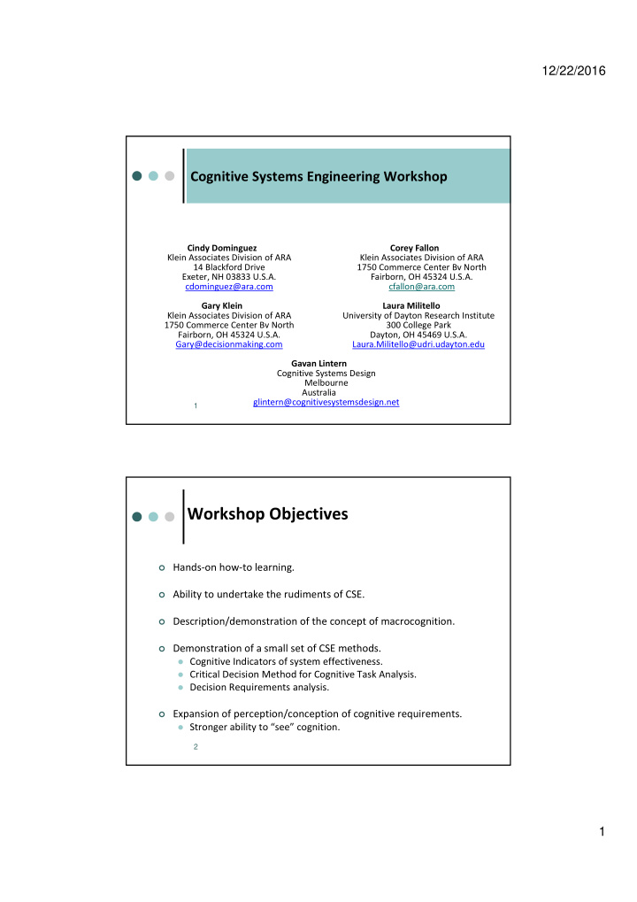 workshop objectives