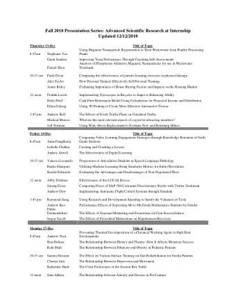 Fall 2018 Presentation Series: Advanced Scientific Research at Internship  Updated 12/12/2018