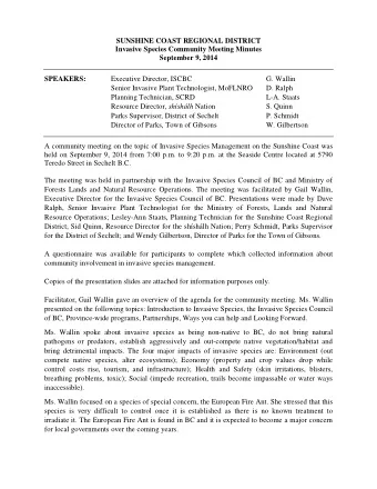 SUNSHINE COAST REGIONAL DISTRICT  Invasive Species Community Meeting Minutes  September 9, 2014
