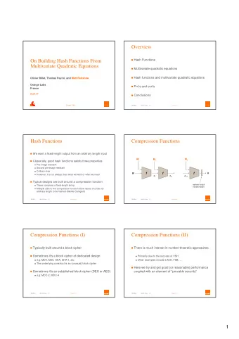 Overview  Hash Functions  On Building Hash Functions From  Multivariate Quadratic Equations